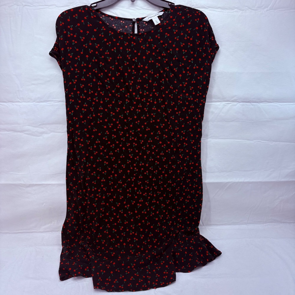 POPSUGAR Womens Black Red Cherry Print Ruffle Hem Shift Mini Dress Large RN73277